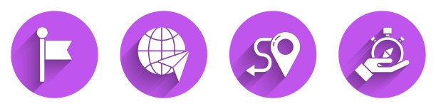 设置位置标记，地球仪与飞行飞机，路线位置和指南针图标与长影子。向量图片下载