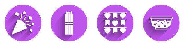 设置节日五彩纸屑，礼盒，嘉年华花环与旗帜和混合潘趣酒在碗图标长阴影。向量图片下载