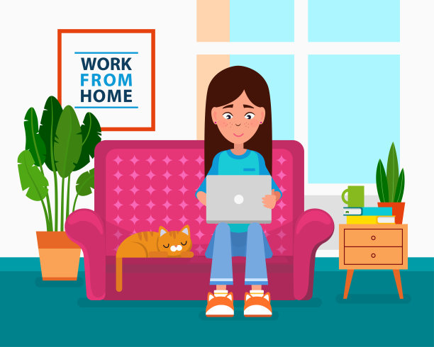 居家办公人们在家里隔离。冠状病毒COVID-19概念。该公司允许员工在家工作以避免病毒。自由职业者女孩工作在舒适的条件下与猫图片下载