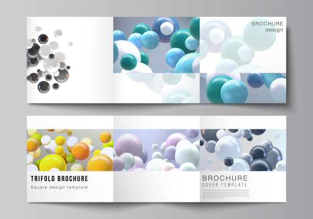 矢量布局的方形格式封面模板三倍宣传册，传单，杂志，封面设计，书籍设计。抽象逼真的矢量背景与多种颜色的3d球体，气泡，球。图片下载