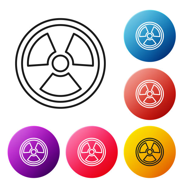 黑线放射性图标孤立在白色背景。放射性有毒的象征。辐射危险的信号。设置彩色圆形按钮图标。向量图片下载