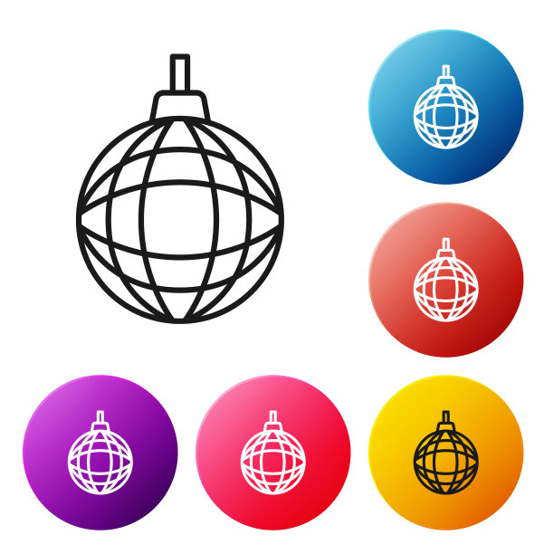 黑线迪斯科球图标孤立在白色背景。设置图标彩色圆圈按钮。向量图片下载