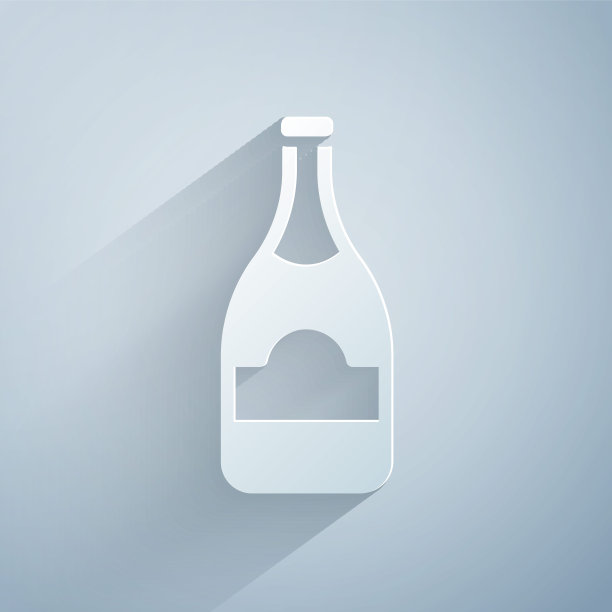 剪纸香槟瓶图标孤立在灰色背景。纸艺术风格。向量图片下载