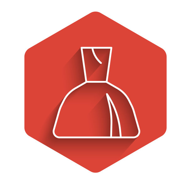 白色线条女性服装图标孤立与长影子。衣服的迹象。红色的六角按钮。向量图片下载