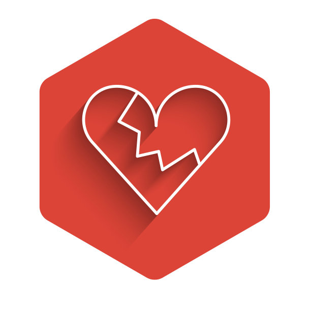 白线破碎的心或离婚图标孤立着长长的影子。爱的象征。情人节。红色六边形按钮。向量图片下载