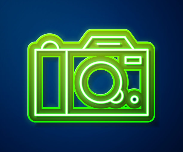 发光的霓虹灯线照片相机图标孤立在蓝色背景。与相机图标。向量图片下载