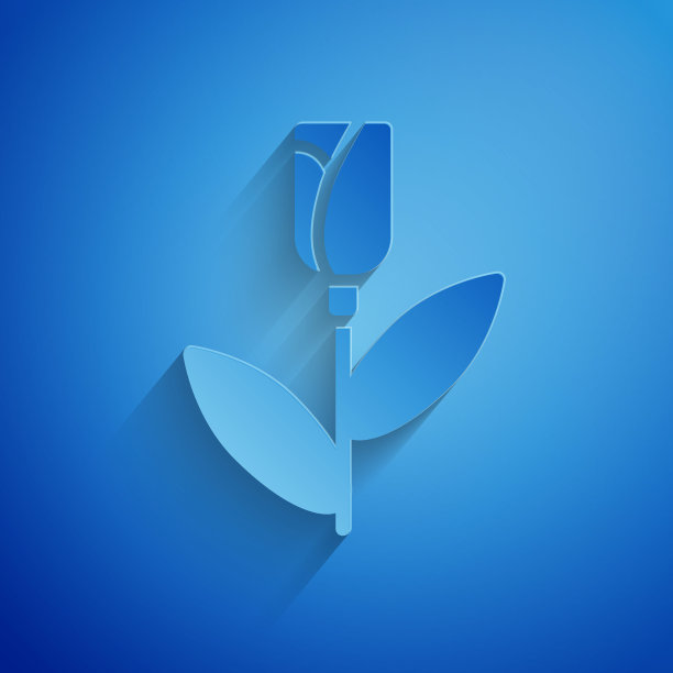 剪纸花玫瑰图标孤立在蓝色背景。纸艺术风格。向量图片下载