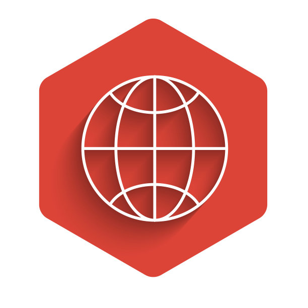 白线全球科技或社交网络图标孤立与长影子。红色的六角按钮。矢量图图片下载