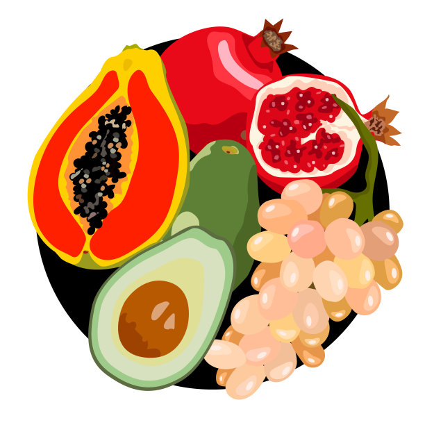 矢量圆形框架与水果和浆果切片和一半。可爱有趣的卡片模板与异国情调的植物。健康饮食。设计卡片，传单，小册子，海报，贴纸图片下载