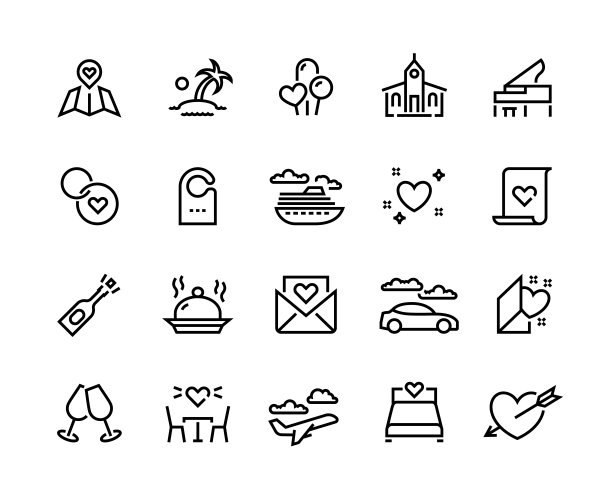 蜜月行图标。婚礼航行和情人节心形象征，爱情和婚姻旅行。向量浪漫旅行集图片下载