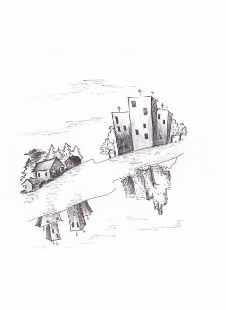 幻想乡村和城市映在河面上，手绘水墨速写插画。河岸上的房屋和树木景观，反映了过去和未来图片下载