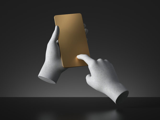3d渲染混凝土人体模型手握金卡，电子设备智能手机，孤立在黑色背景。最小的高端设计。身体部位。远程控制。未来小玩意空白模型图片下载