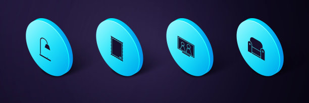 设置等距扶手椅，桌面相框，台灯图标。向量图片下载