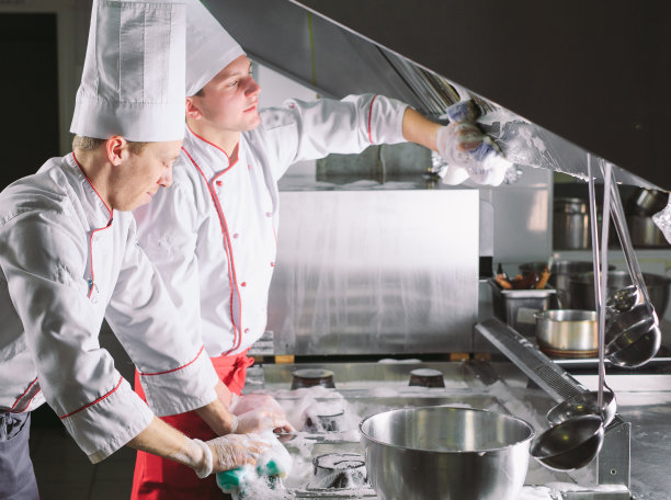 餐厅卫生日。重复清洗你的工作场所。厨师在餐厅内清洗烤箱、炉子和排气器。图片下载