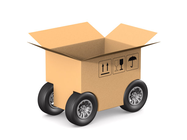 打开带有白色背景车轮的货物箱。孤立的3 d演示图片下载