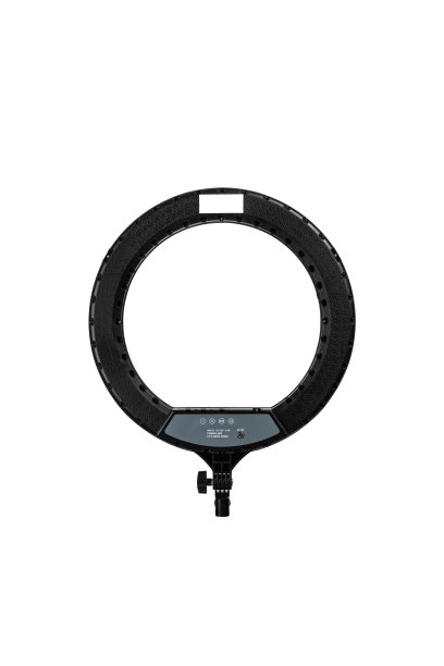 特写圆形霓虹灯LED灯孤立的白色背景。流行的现代光化妆和美容肖像。图片下载