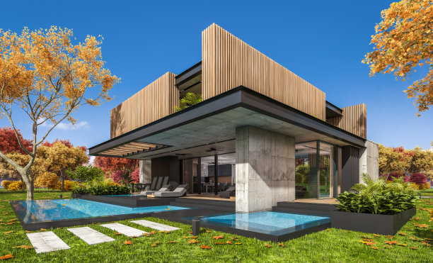 3d渲染现代舒适的房子与停车场和游泳池出售或出租与木板立面和美丽的景观背景。秋高气爽，到处都是金叶。图片下载