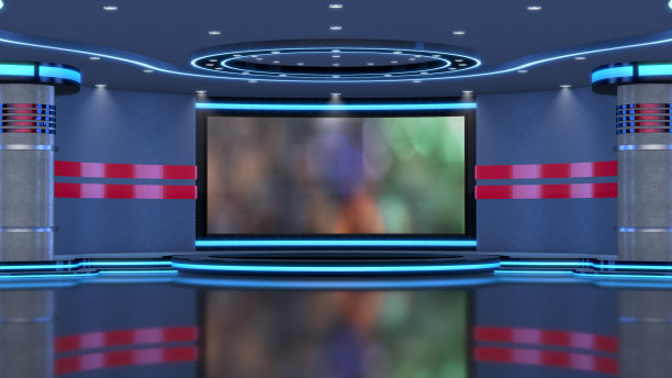 电视演播室，虚拟演播室。理想的绿色丝网合成。图片下载