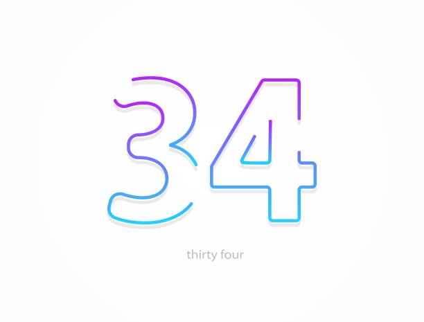 34号，轮廓描边渐变字体。时尚、动感、创意的风格设计。用于标识、品牌标签、设计元素、应用等。孤立的矢量图图片下载