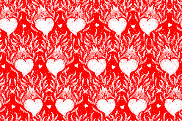 无缝模式与火心。可爱的手工插画。无缝背景艺术，壁纸，网络，织物。的心。燃烧的火焰之心。图片下载