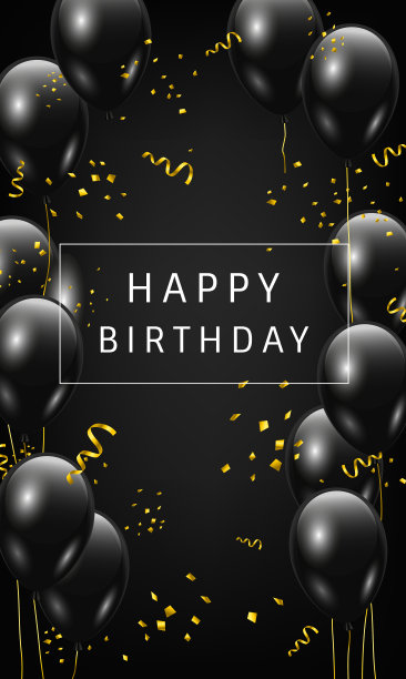 生日祝福传单或卡片设计与黑色光泽的气球和金色的五彩纸屑在黑色的背景。——矢量图图片下载