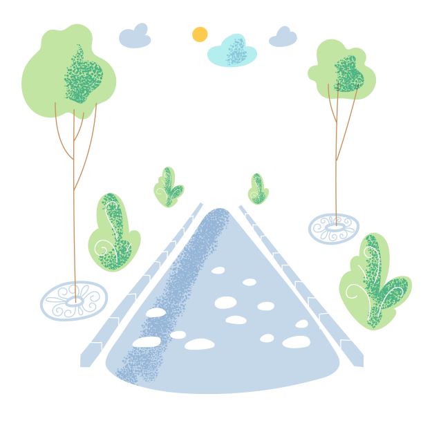 城市公园道路图。城市场景的街道与树木，天空，草矢量插图。户外风光自然背景。绿意盎然的夏日景观，全景式的横观小路图片下载