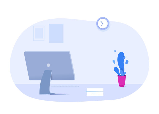 办公室办公桌室内设计背景。现代工作场所矢量插图。有电脑显示器、文件、工厂和时钟的空公司场所。卡通风格的专业空间内图片下载