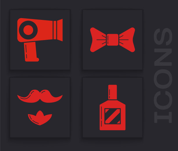 设置须后水，吹风机，领结和胡子和胡子图标。向量图片下载