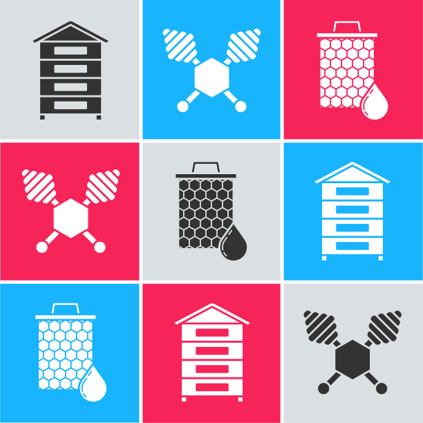 设置蜂巢为蜜蜂，蜂蜜斗棒和蜂巢图标。向量图片下载