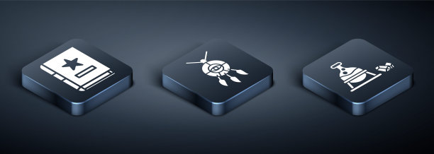 设置等角古代魔法书，女巫坩埚和魔法石和捕梦网与羽毛图标。向量图片下载