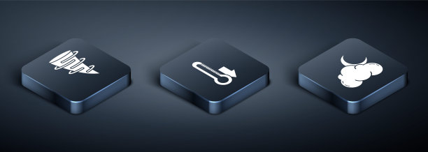 设置等距龙卷风，云与月亮和星星和温度计图标。向量图片下载