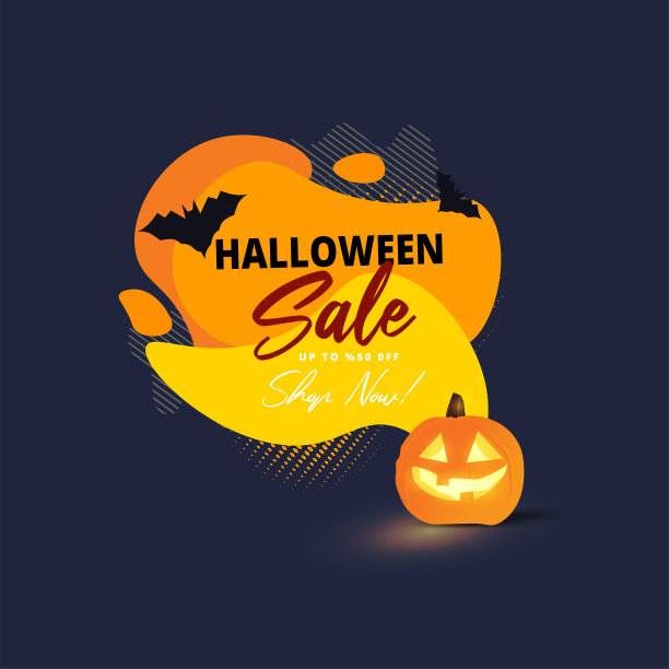 万圣节促销海报或模板设计与五折优惠和杰克灯的抽象背景。图片下载