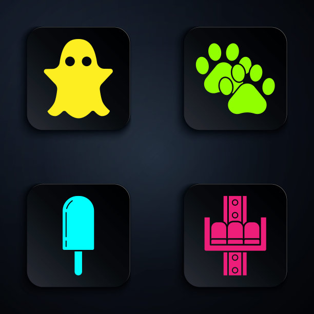 集吸引力旋转木马，幽灵，冰淇淋和爪印。黑色方形按钮。向量图片下载