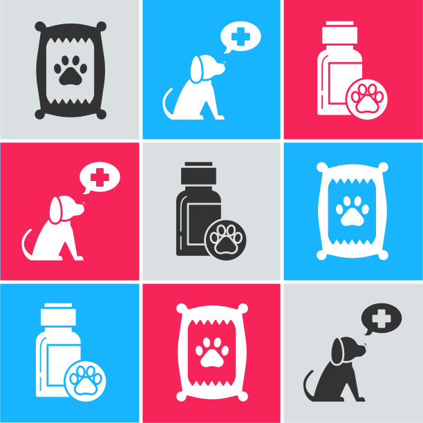 设置狗粮袋，兽医诊所标志和狗药瓶图标。向量图片下载