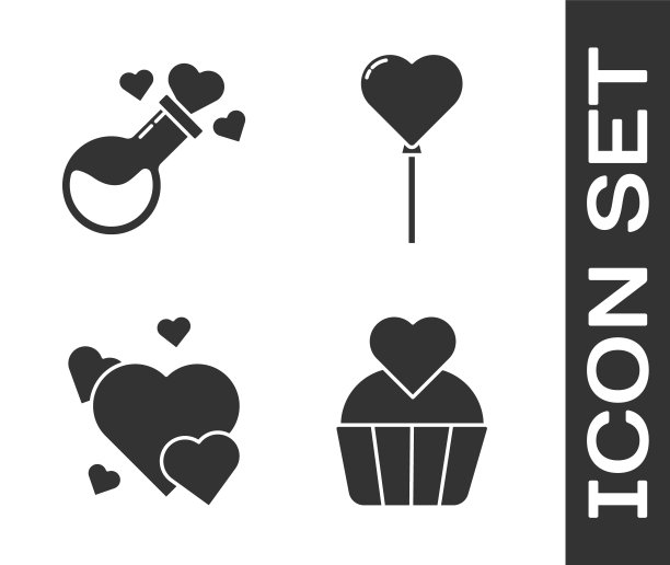 婚礼蛋糕与心，瓶子与爱情魔药，心和气球的形式心形图标。向量图片下载