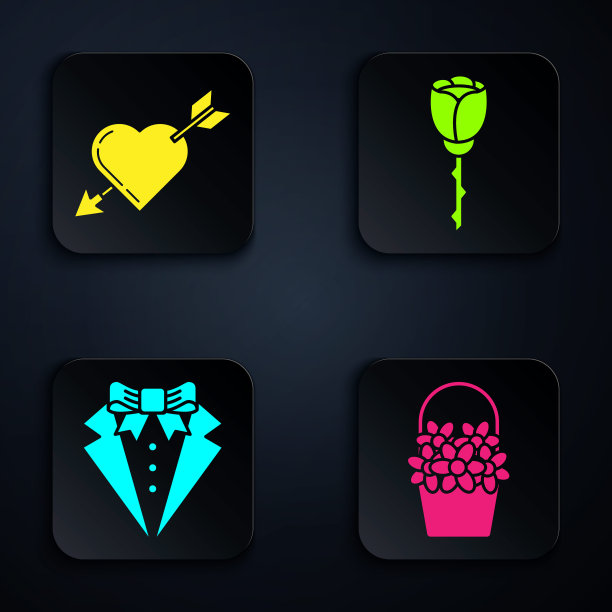 花篮，爱的象征，心和箭，套装和花玫瑰。黑色方形按钮。向量图片下载