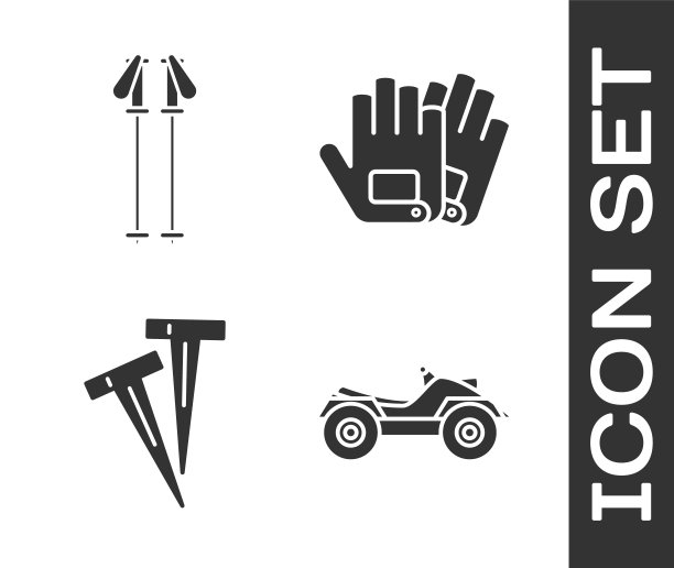 设置所有地形车辆或ATV摩托车，滑雪杆，帐篷和手套的钉子图标。向量图片下载