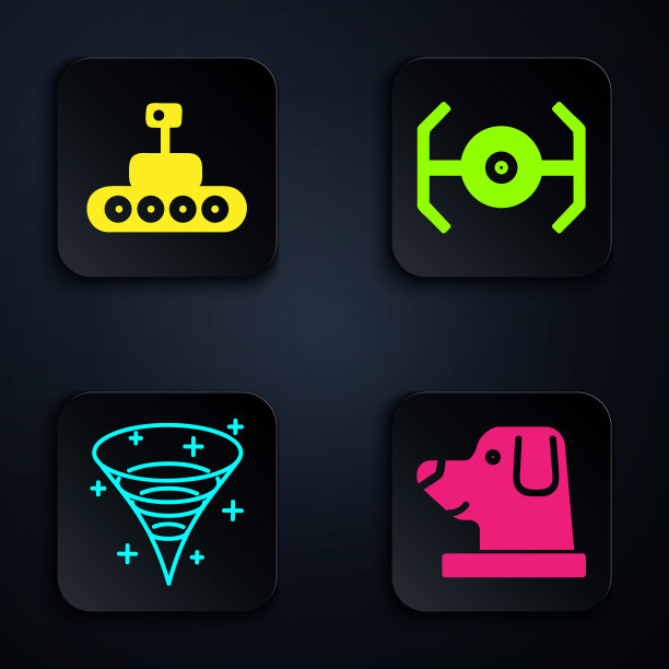 设定狗在宇航员头盔，火星漫游者，黑洞和宇宙飞船。黑色方形按钮。向量图片下载