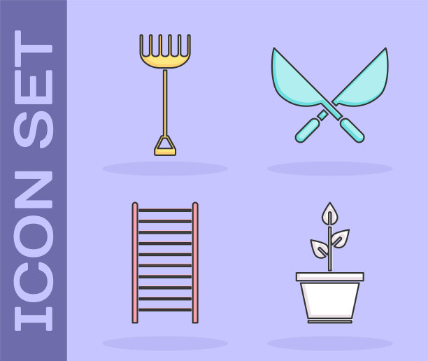 设置植物在花盆，花园耙，木制楼梯和园艺手工剪刀图标。向量图片下载