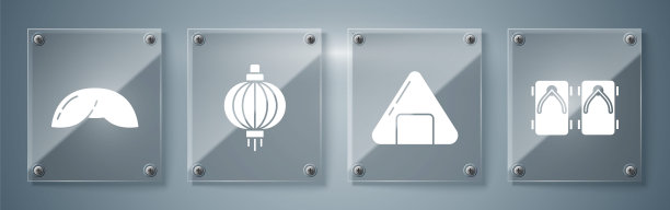 集日本传统鞋，寿司，日本纸灯笼和中国幸运饼干。方形玻璃面板。向量图片下载