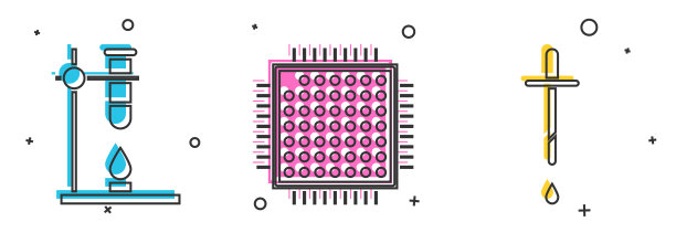 将玻璃试管烧瓶置于火加热器，处理器和移液管图标上。向量图片下载