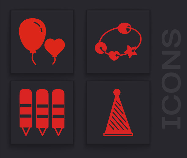 设置派对帽子，气球的形式的心，摇铃婴儿玩具和蜡笔画图标。向量图片下载