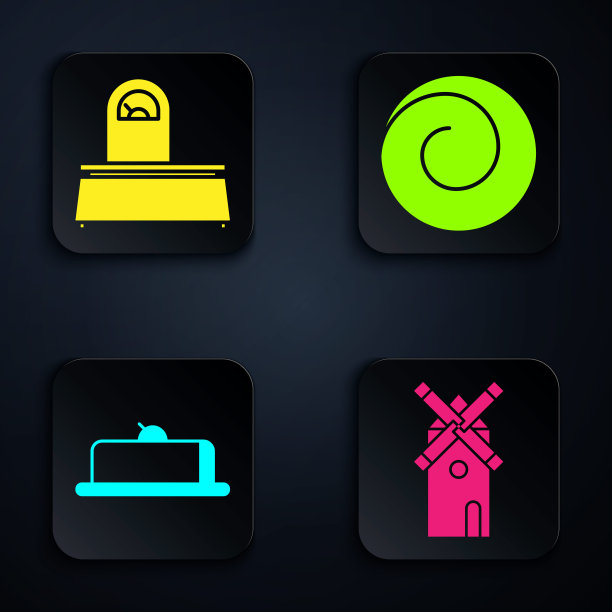 放置风车，鳞片，草莓芝士蛋糕片和肉桂卷。黑色方形按钮。向量图片下载