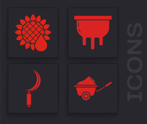 集手推车污垢，向日葵，乳房和镰刀图标。向量图片下载