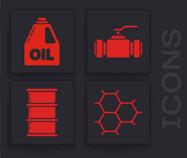 苯环、电机机油罐、工业金属管和阀门、桶油图标等组成的化学配方。向量图片下载