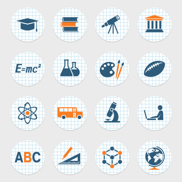 教育和学校标志。一套圆形纸贴纸图片下载