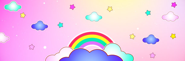 抽象卡哇伊艺术风格独角兽。五彩的天空彩虹背景。柔和的渐变蜡笔漫画图形。婚礼卡片设计或展示的概念。的横幅图片下载
