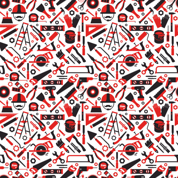 无缝图案墙纸施工和修补工具。木工平面图标背景。图片下载