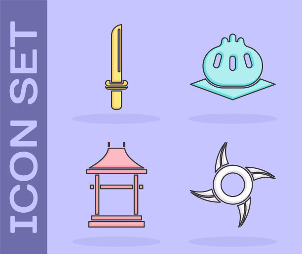 设置日本忍者飞镖，日本武士刀，日本门和Khinkali在砧板图标。向量图片下载