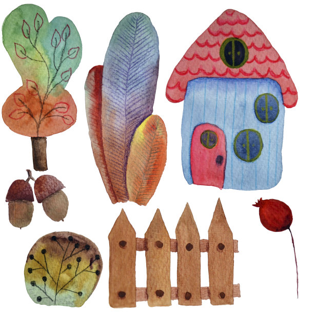 水彩手绘幻想集:树，房子，植物在秋图片下载
